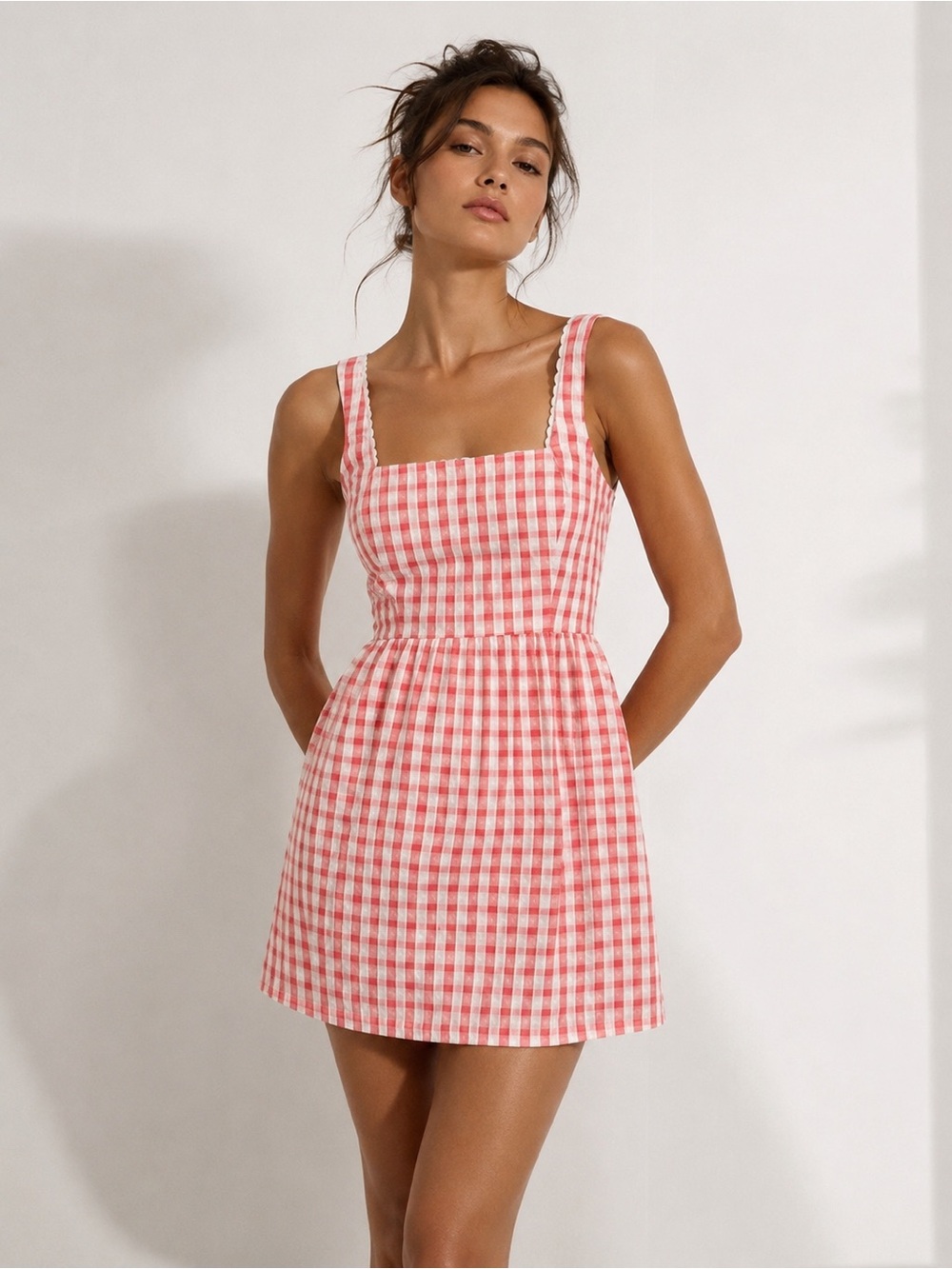 NWT Trixxi Los Angeles red White Gingham Seersucker Mini Dress Tie Back Size L